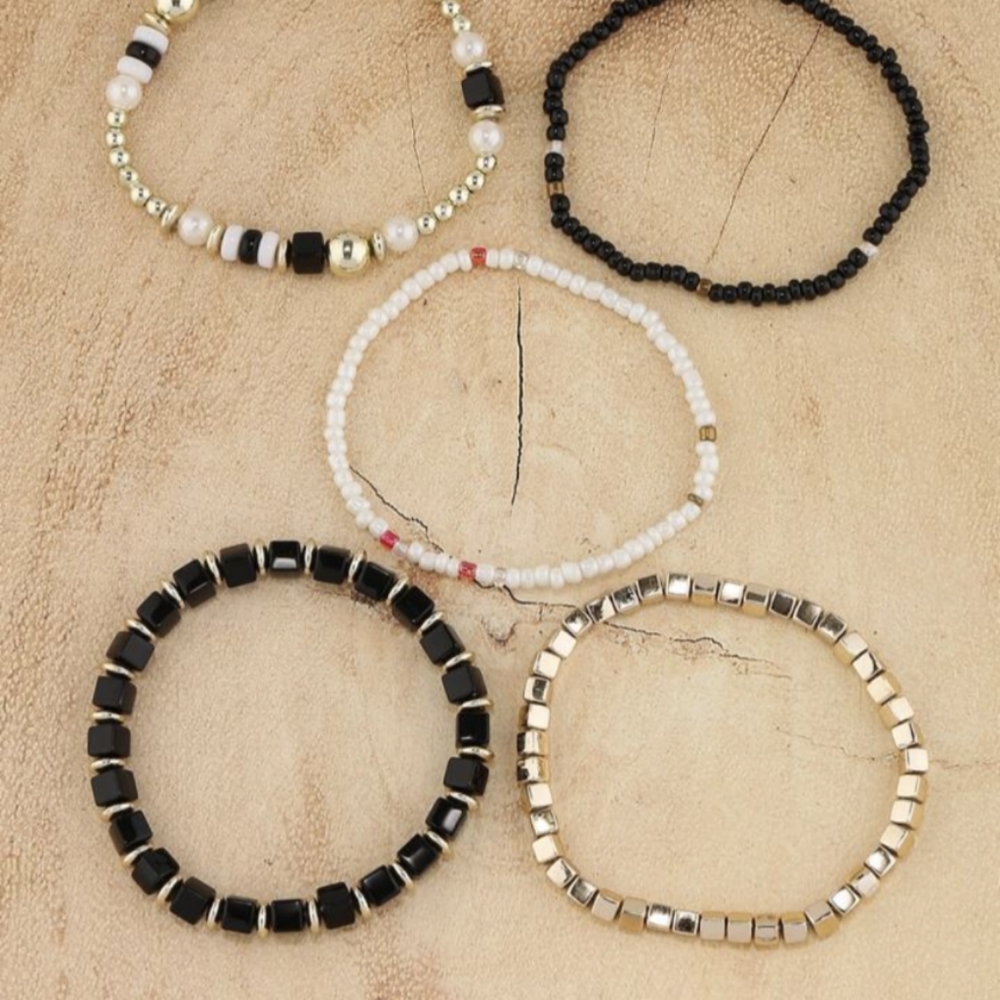 5 Individual Minimalist Beaded Bracelets  Black, white and gold - Picture 2 of 4